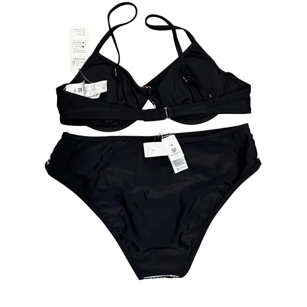 Cupshe Bikini Set Women Medium Black White New Striped High Waisted Underwire